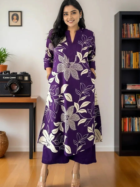 Women Purple Floral Printed Kurta Set with Pants