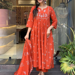 Women Orange Color Printed Anarkali Kurta Set with Dupatta