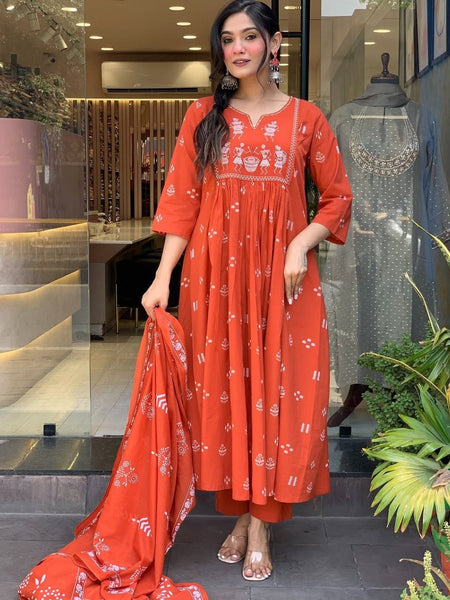 Women Orange Color Printed Anarkali Kurta Set with Dupatta