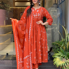 Women Orange Color Printed Anarkali Kurta Set with Dupatta