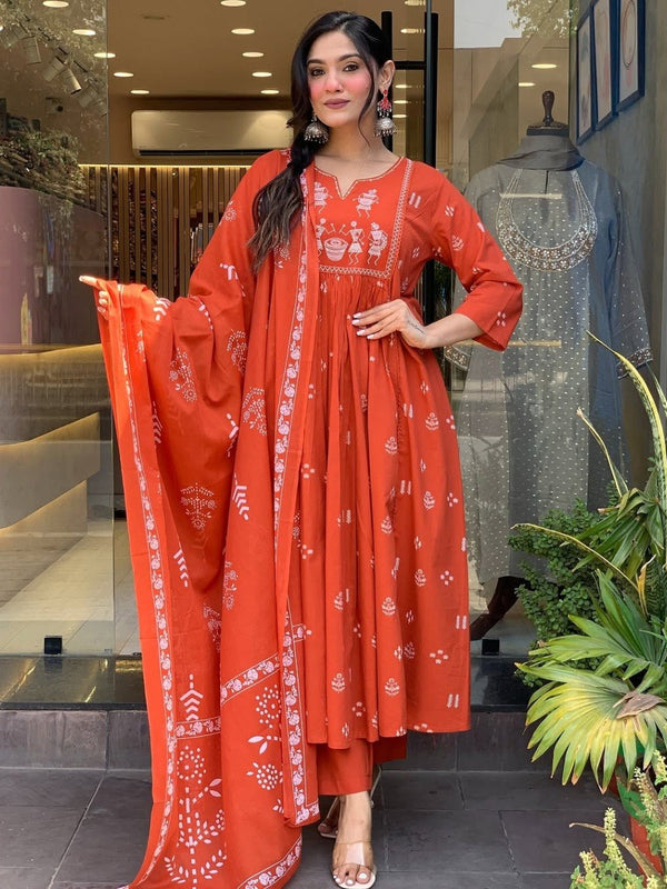 Women Orange Color Printed Anarkali Kurta Set with Dupatta