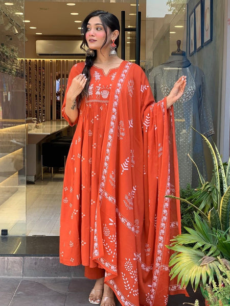 Women Orange Color Printed Anarkali Kurta Set with Dupatta