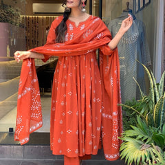 Women Orange Color Printed Anarkali Kurta Set with Dupatta