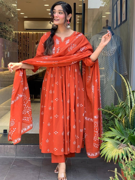 Women Orange Color Printed Anarkali Kurta Set with Dupatta