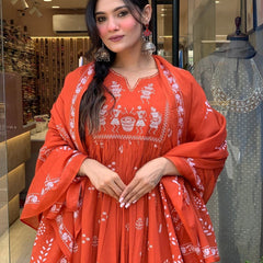 Women Orange Color Printed Anarkali Kurta Set with Dupatta