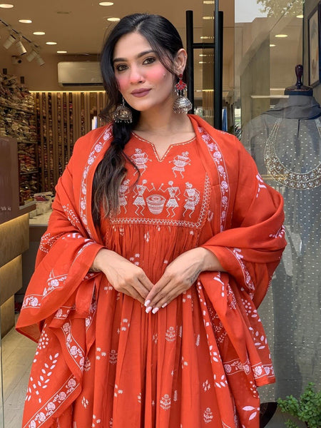 Women Orange Color Printed Anarkali Kurta Set with Dupatta