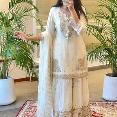 Women Off White Embroidered Kurta Sharara Set with Dupatta