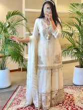 Women Off White Embroidered Kurta Sharara Set with Dupatta