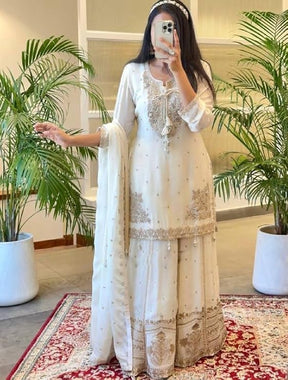 Women Off White Embroidered Kurta Sharara Set with Dupatta