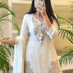 Women Off White Embroidered Kurta Sharara Set with Dupatta