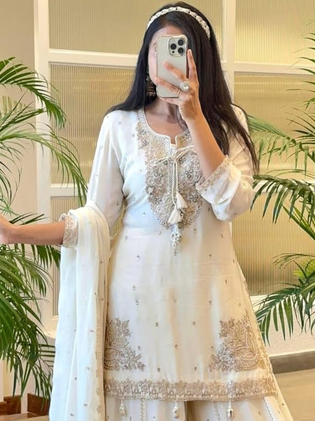 Women Off White Embroidered Kurta Sharara Set with Dupatta