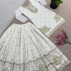 Women Off White Embroidered Kurta Sharara Set with Dupatta