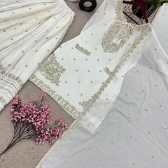 Women Off White Embroidered Kurta Sharara Set with Dupatta