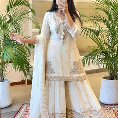 Women Off White Embroidered Kurta Sharara Set with Dupatta