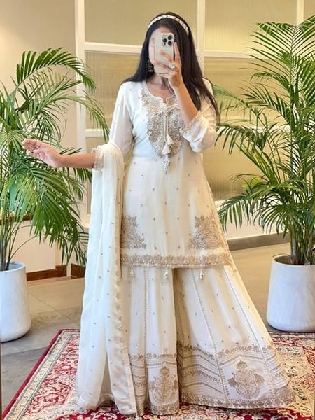 Women Off White Embroidered Kurta Sharara Set with Dupatta