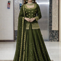 Women Dark Green Embroidered Lehenga Choli Set with Dupatta