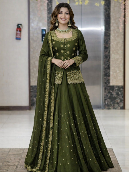 Women Dark Green Embroidered Lehenga Choli Set with Dupatta