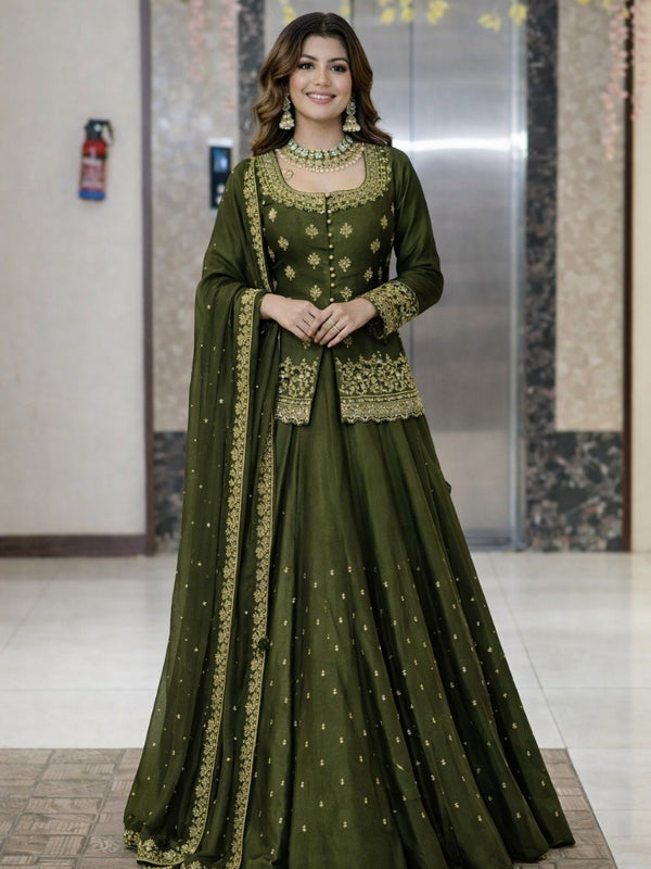 Women Dark Green Embroidered Lehenga Choli Set with Dupatta