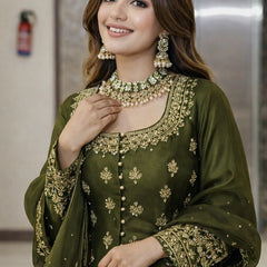 Women Dark Green Embroidered Lehenga Choli Set with Dupatta