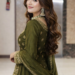 Women Dark Green Embroidered Lehenga Choli Set with Dupatta