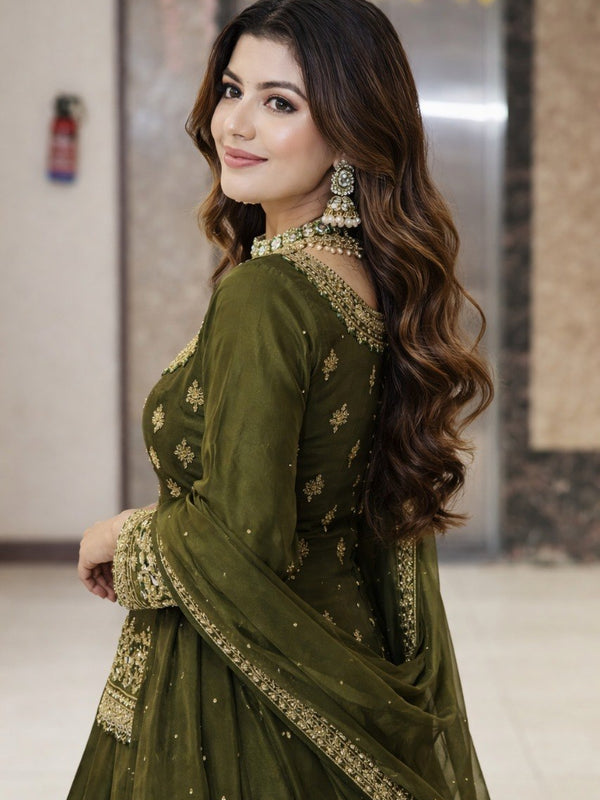 Women Dark Green Embroidered Lehenga Choli Set with Dupatta