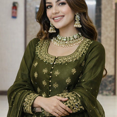 Women Dark Green Embroidered Lehenga Choli Set with Dupatta