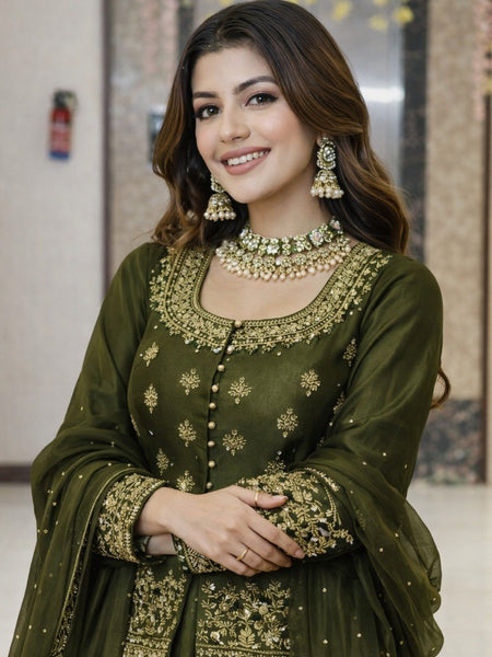 Women Dark Green Embroidered Lehenga Choli Set with Dupatta