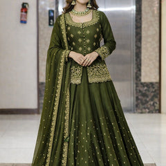 Women Dark Green Embroidered Lehenga Choli Set with Dupatta