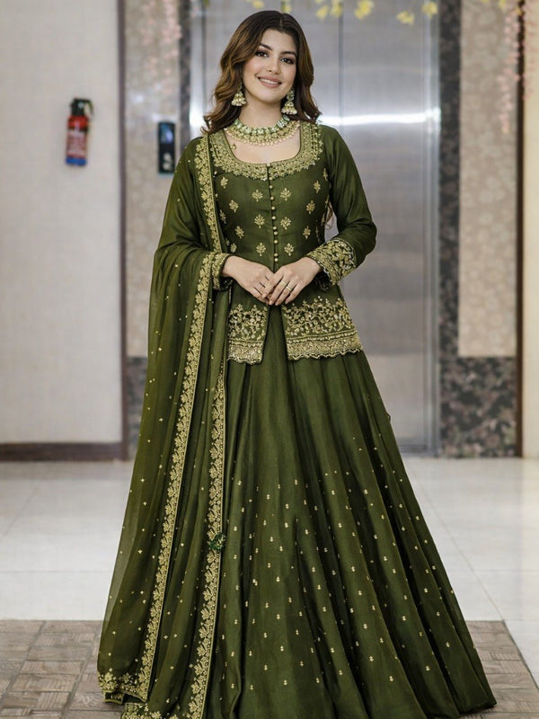 Women Dark Green Embroidered Lehenga Choli Set with Dupatta