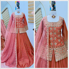 Women Rust Orange Embroidered Lehenga Choli Set with Dupatta