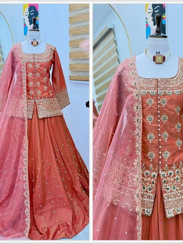 Women Rust Orange Embroidered Lehenga Choli Set with Dupatta