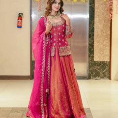 Women Rani Pink Embroidered Lehenga Choli Set with Dupatta