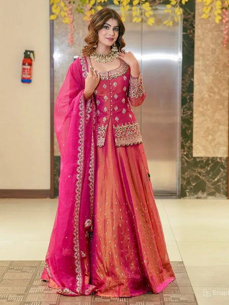 Women Rani Pink Embroidered Lehenga Choli Set with Dupatta