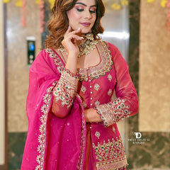 Women Rani Pink Embroidered Lehenga Choli Set with Dupatta