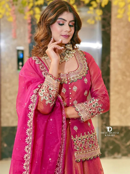 Women Rani Pink Embroidered Lehenga Choli Set with Dupatta