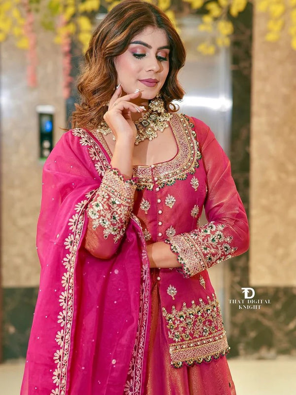 Women Rani Pink Embroidered Lehenga Choli Set with Dupatta