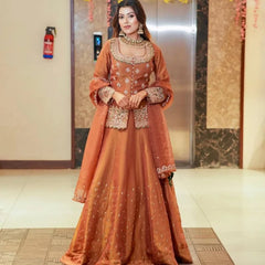 Women Rust Orange Embroidered Lehenga Choli Set with Dupatta