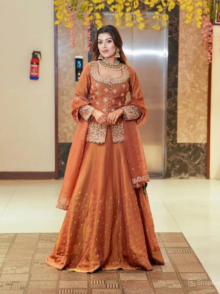 Women Rust Orange Embroidered Lehenga Choli Set with Dupatta