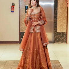 Women Rust Orange Embroidered Lehenga Choli Set with Dupatta