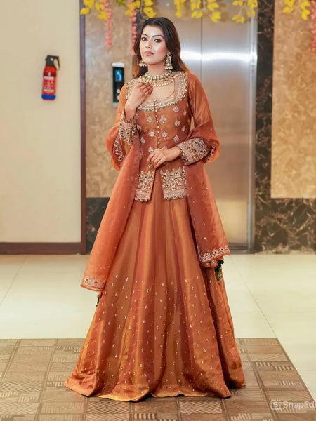 Women Rust Orange Embroidered Lehenga Choli Set with Dupatta
