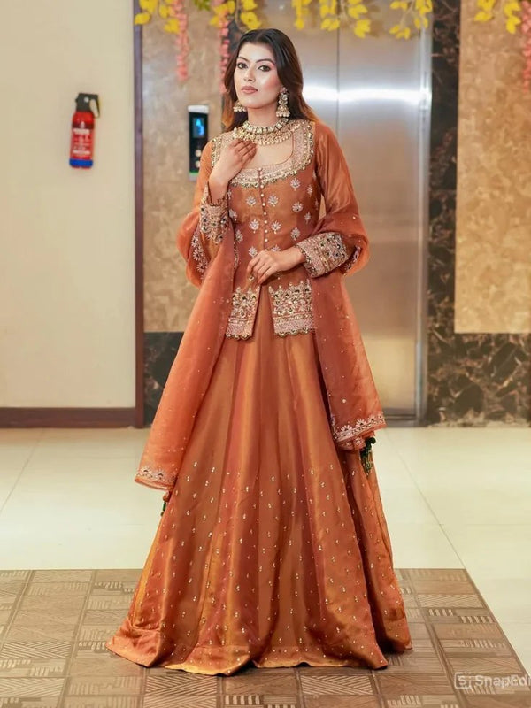 Women Rust Orange Embroidered Lehenga Choli Set with Dupatta