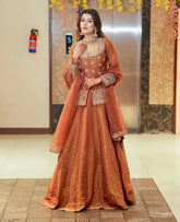Women Rust Orange Embroidered Lehenga Choli Set with Dupatta