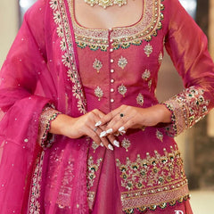 Women Rani Pink Embroidered Lehenga Choli Set with Dupatta