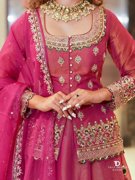 Women Rani Pink Embroidered Lehenga Choli Set with Dupatta