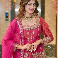Women Rani Pink Embroidered Lehenga Choli Set with Dupatta