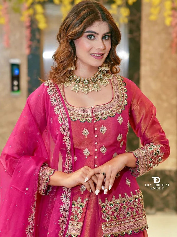 Women Rani Pink Embroidered Lehenga Choli Set with Dupatta