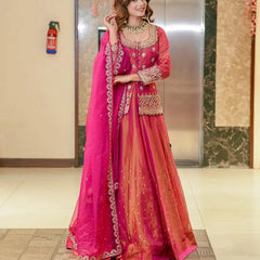 Women Rani Pink Embroidered Lehenga Choli Set with Dupatta
