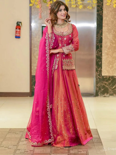 Women Rani Pink Embroidered Lehenga Choli Set with Dupatta