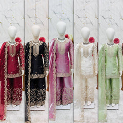 Girls Off White Embroidered Kurta Palazzo Set with Net Dupatta