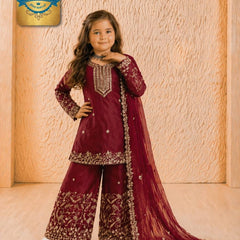 Girls Maroon Embroidered Kurta Palazzo Set with Dupatta